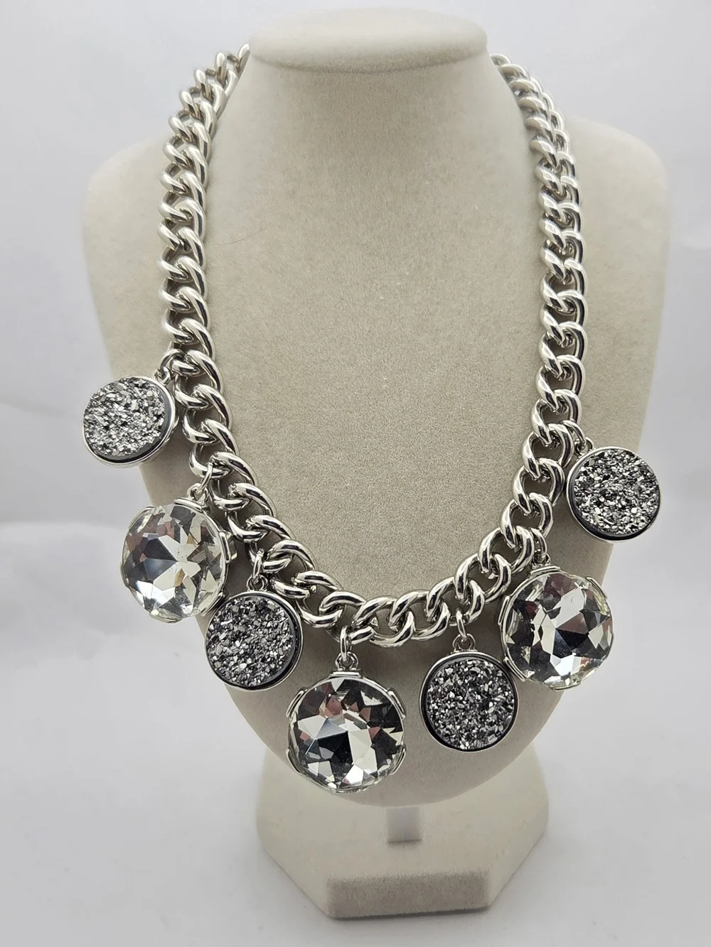 Chico's Silver Tone Chunky Chain Statement Necklace Faux Druzy Crystal 20